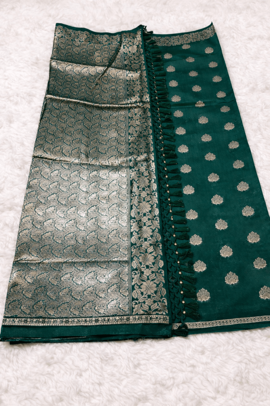 Peacock Green Banarasi Silk Saree with Golden Zari Work and Blouse Piece - Saree