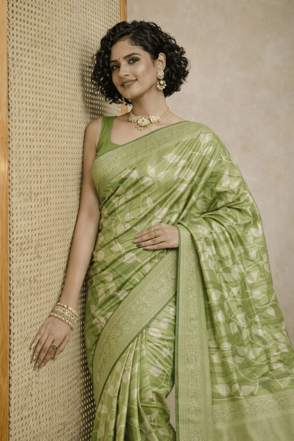 Pista Green Tissue Silk Saree with Silver Zari Work - Kanyaraa