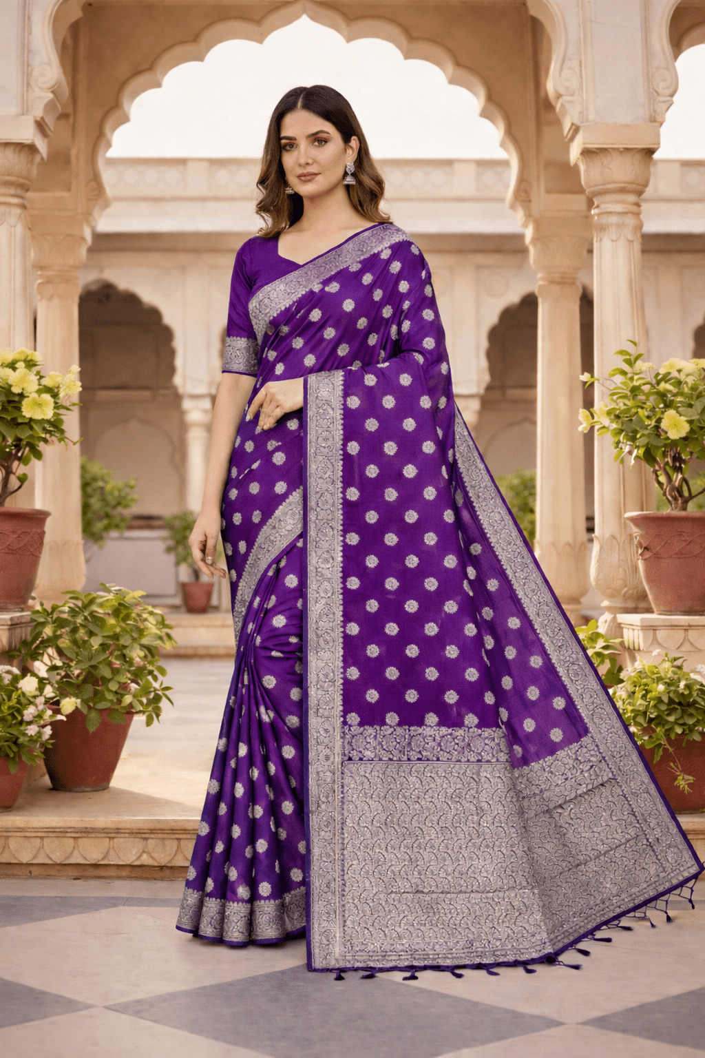 Purple Banarasi Silk Saree with Golden Zari Work and Blouse Piece - Saree