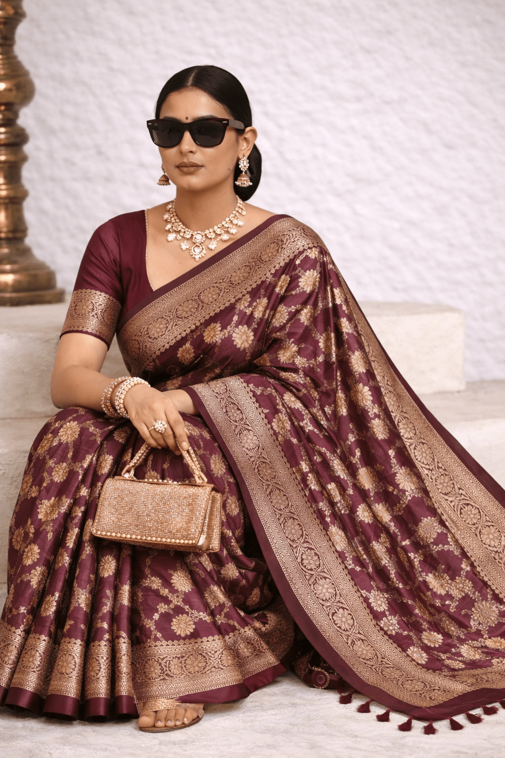 Purple Jaal Banarasi Silk Saree with Blouse Piece - Kanyaraa