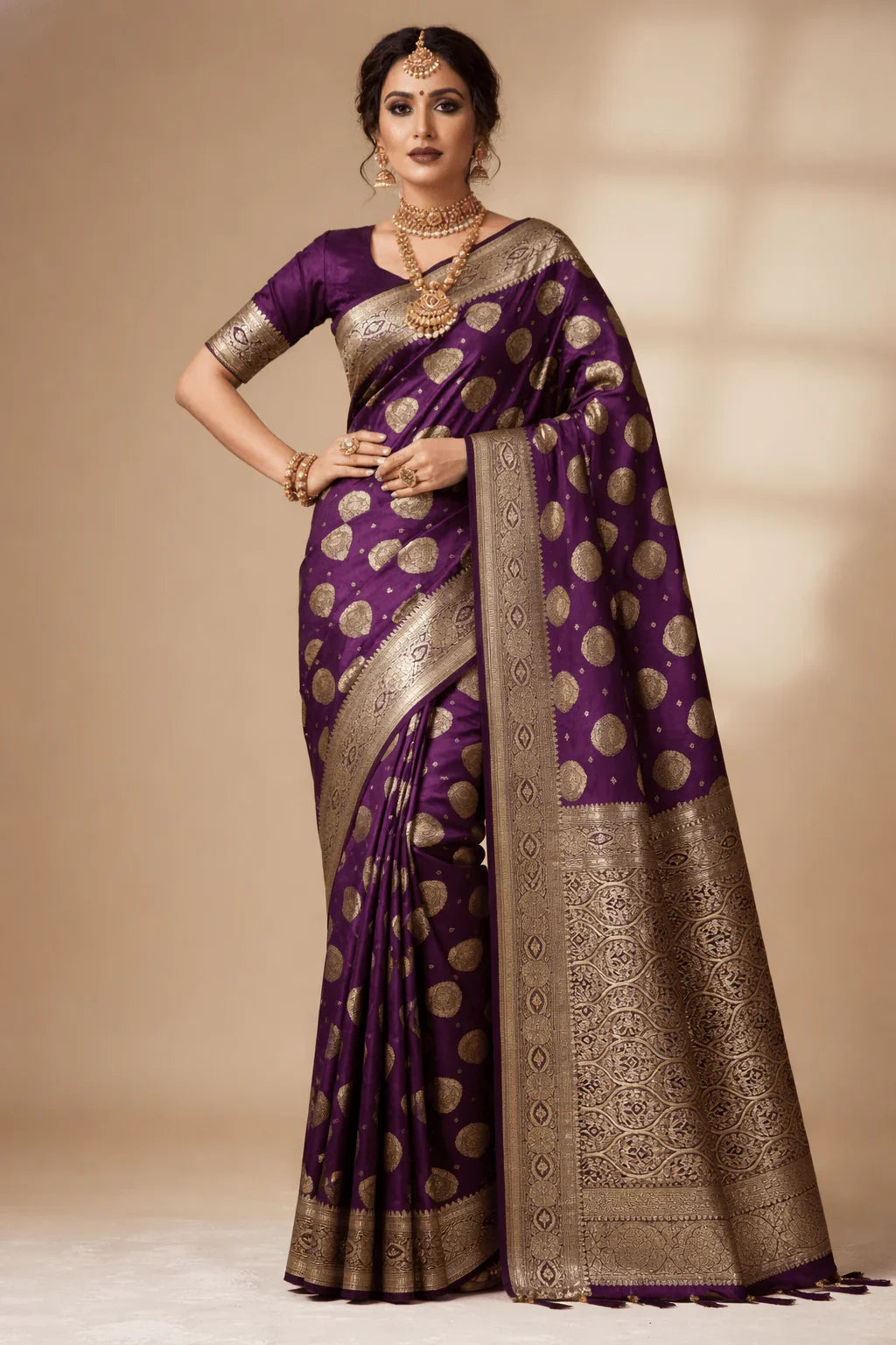 Purple Wedding Banarasi Silk Saree with Blouse Piece - Saree