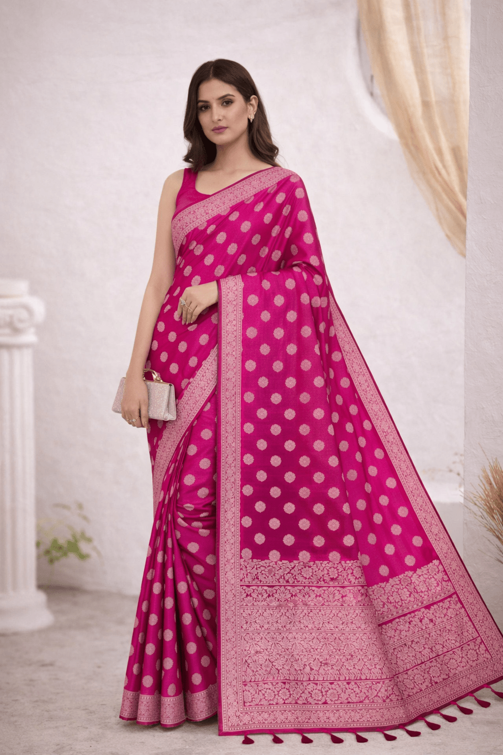Rani Pink Banarasi Silk Saree with Golden Zari Work and Blouse Piece - Kanyaraa