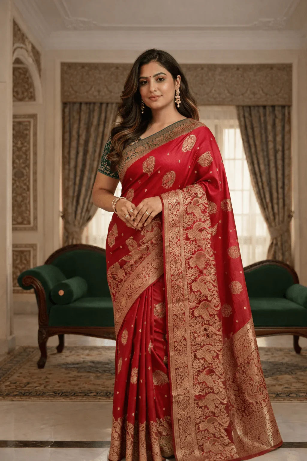 Red Mashru Silk Saree with Meenakari Peacock Zari Work & Contrast Green Blouse - Kanyaraa