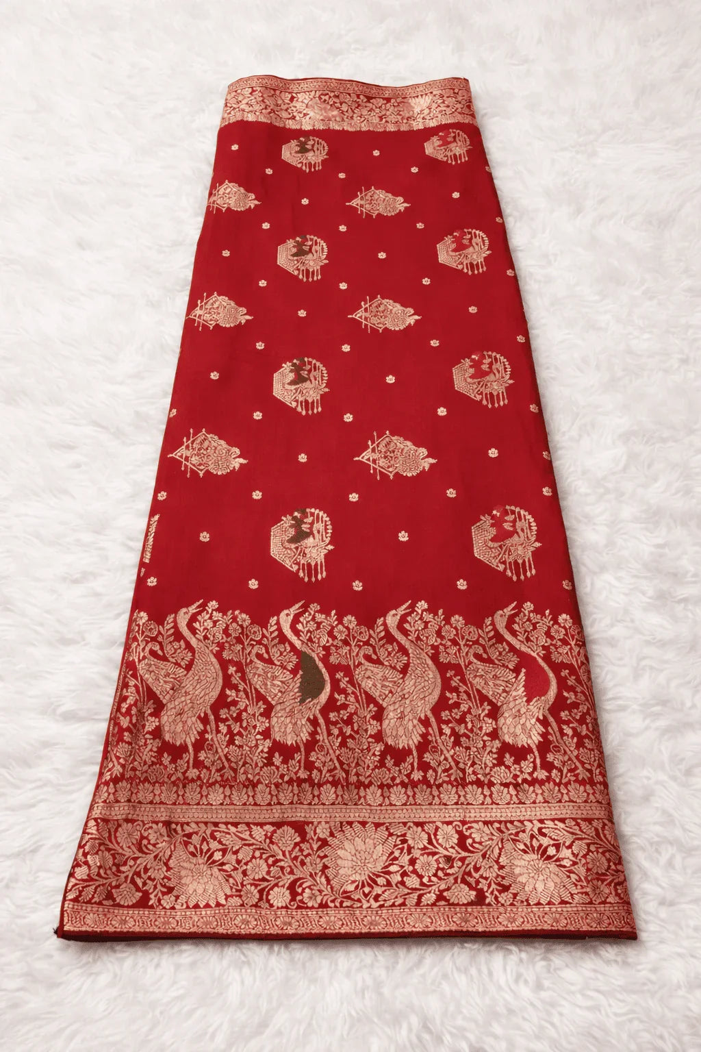 Red Mashru Silk Saree with Peacock Zari Work & Contrast Green Blouse - Kanyaraa