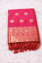 Red - Orange Banarasi Silk Saree with Golden Zari Work and Blouse Piece - Saree