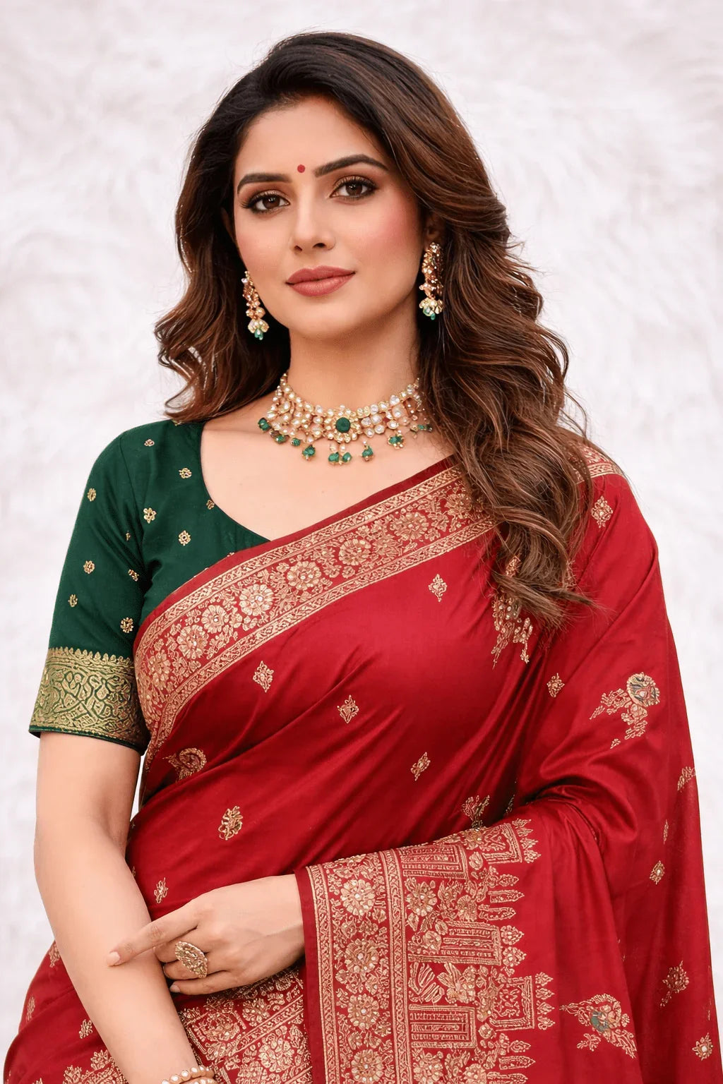 Red Premium Silk Saree with Golden Zari, Mirror Work with Contrast Green Blouse Piece - Kanyaraa