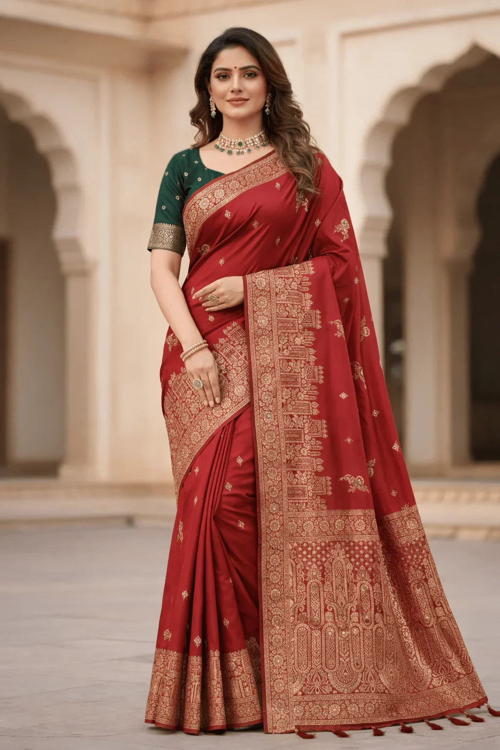 Red Premium Silk Saree with Golden Zari, Mirror Work with Contrast Green Blouse Piece - Kanyaraa