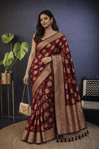 Rose Red Varanasi Banarasi Silk Saree with Blouse Piece - Kanyaraa