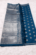 Teal Blue Banarasi Silk Saree with Silver Zari Work and Blouse Piece - Saree