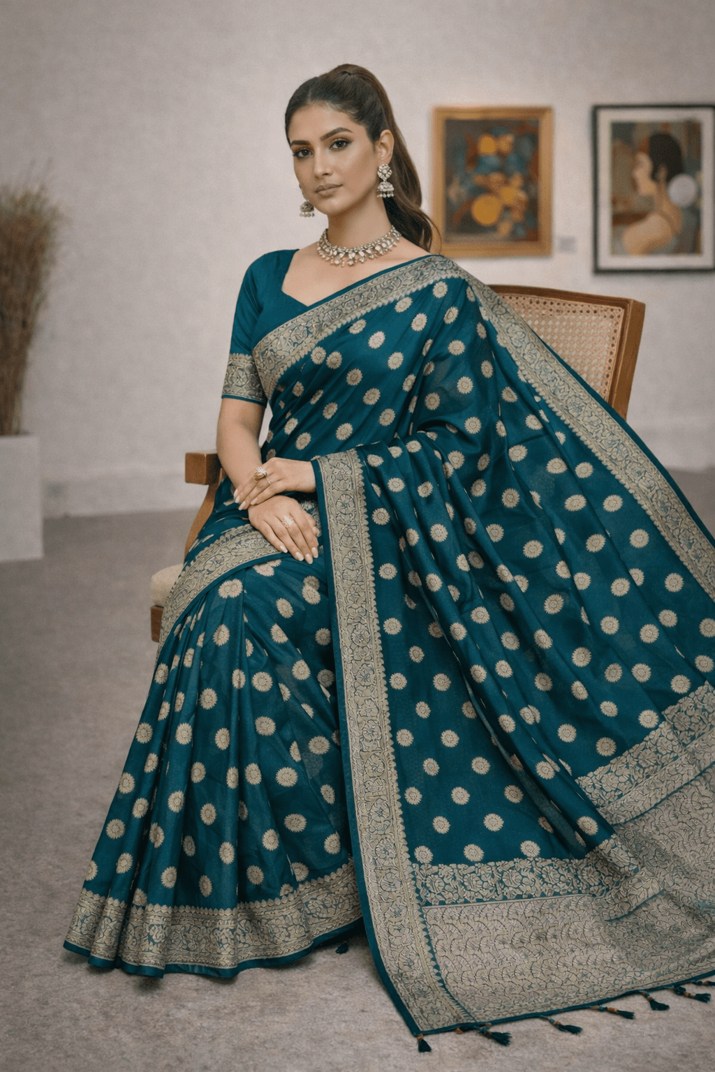 Teal Blue Banarasi Silk Saree with Silver Zari Work and Blouse Piece - Kanyaraa
