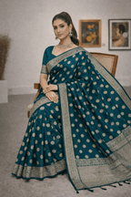 Teal Blue Banarasi Silk Saree with Silver Zari Work and Blouse Piece - Kanyaraa