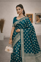 Teal Blue Banarasi Silk Saree with Silver Zari Work and Blouse Piece - Kanyaraa