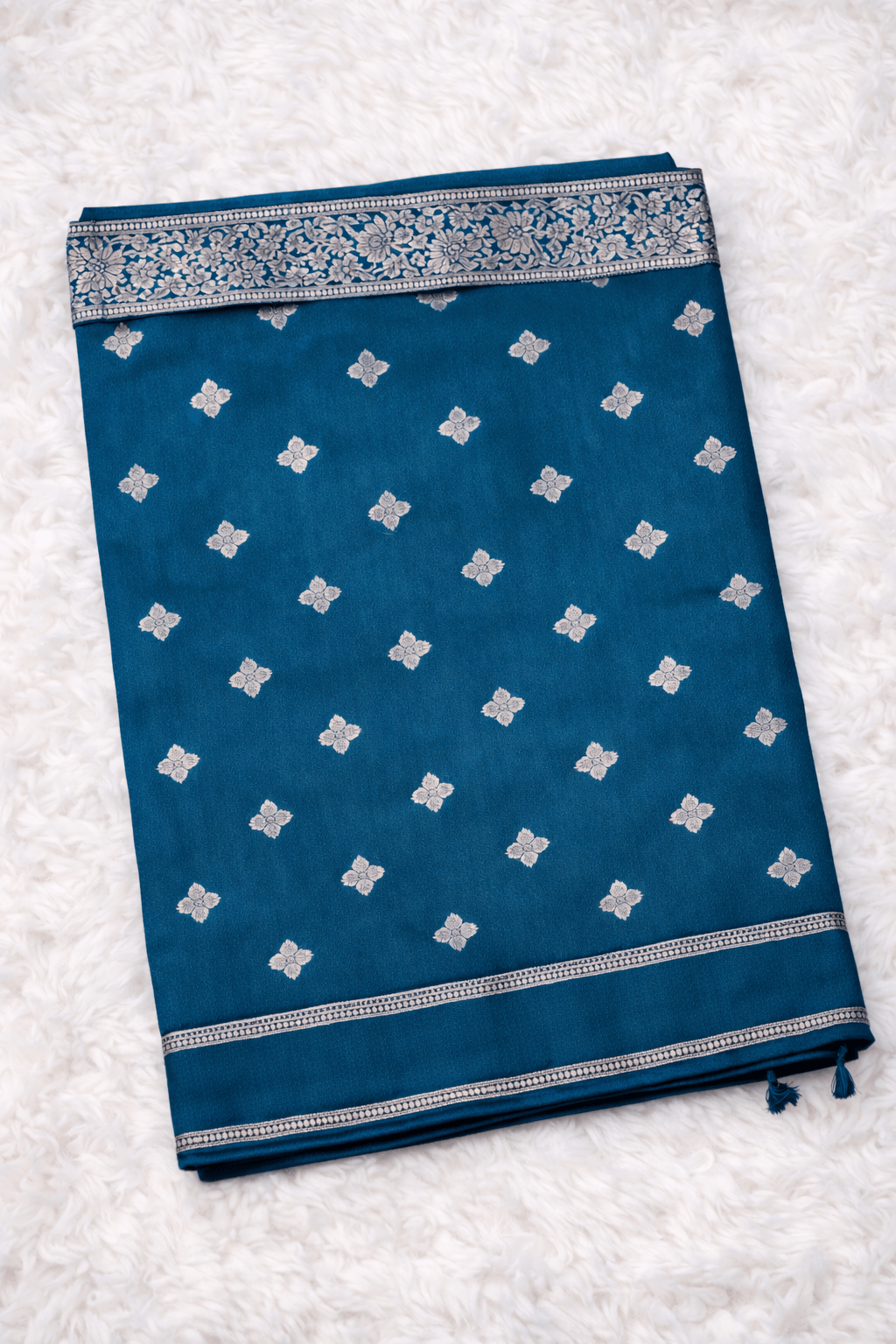 Teal Blue Banarasi Silk Saree with Silver Zari Work and Blouse Piece - Saree