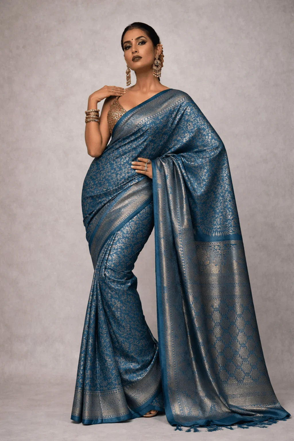 Teal Blue Kanjivaram Silk Saree with Gold Zari & Floral Brocade - Saree