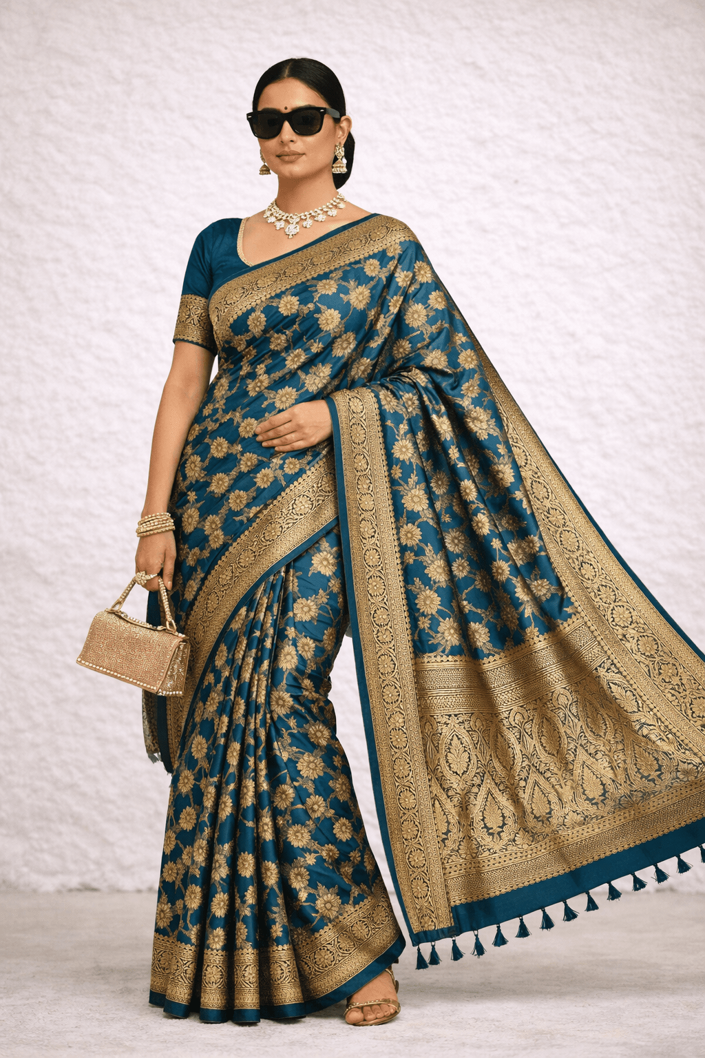 Teal Color Jaal Banarasi Silk Saree with Blouse Piece - Kanyaraa