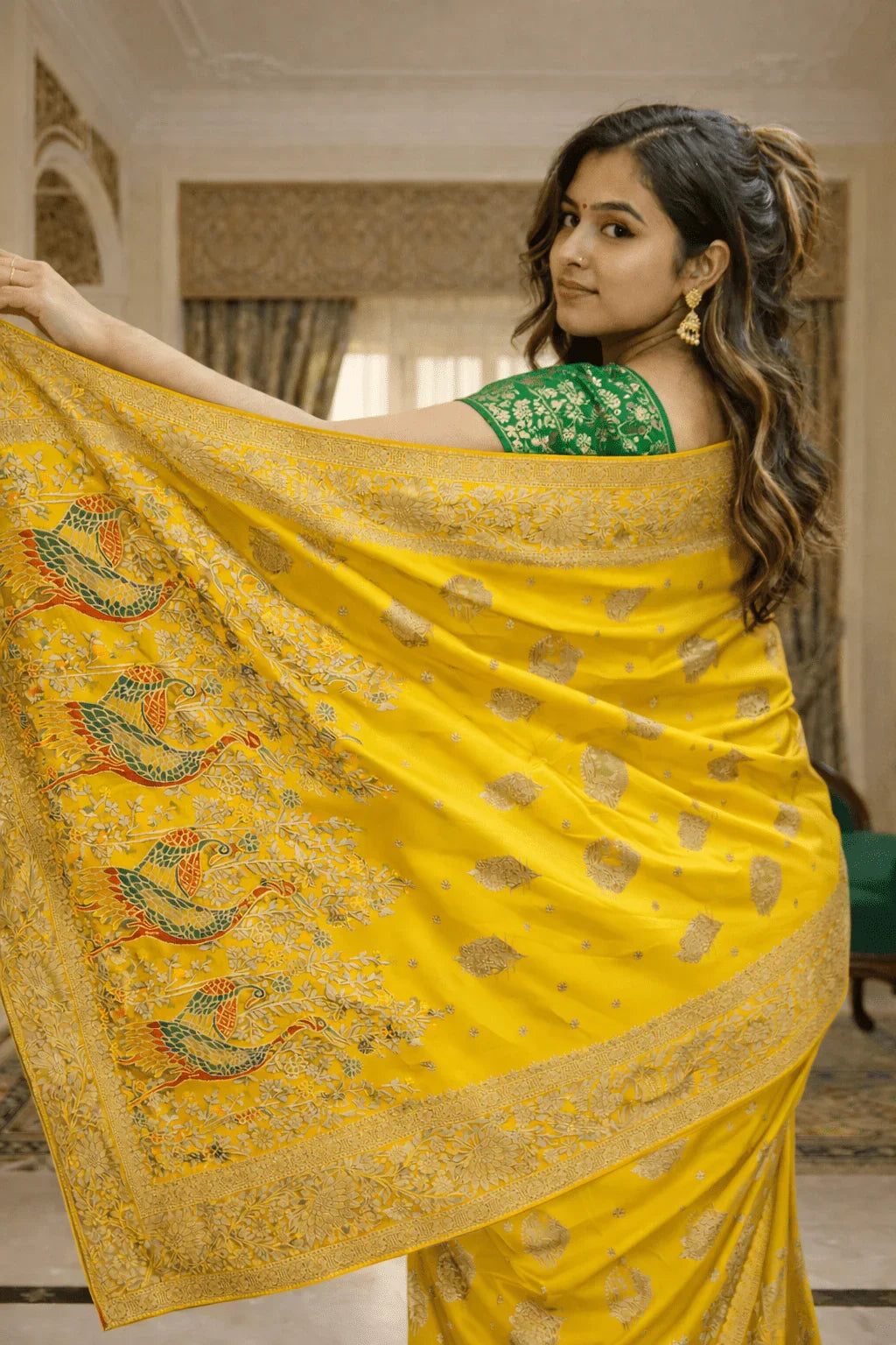 Yellow Mashru Silk Saree with Meenakari Peacock Zari Work & Contrast Green Blouse - Kanyaraa